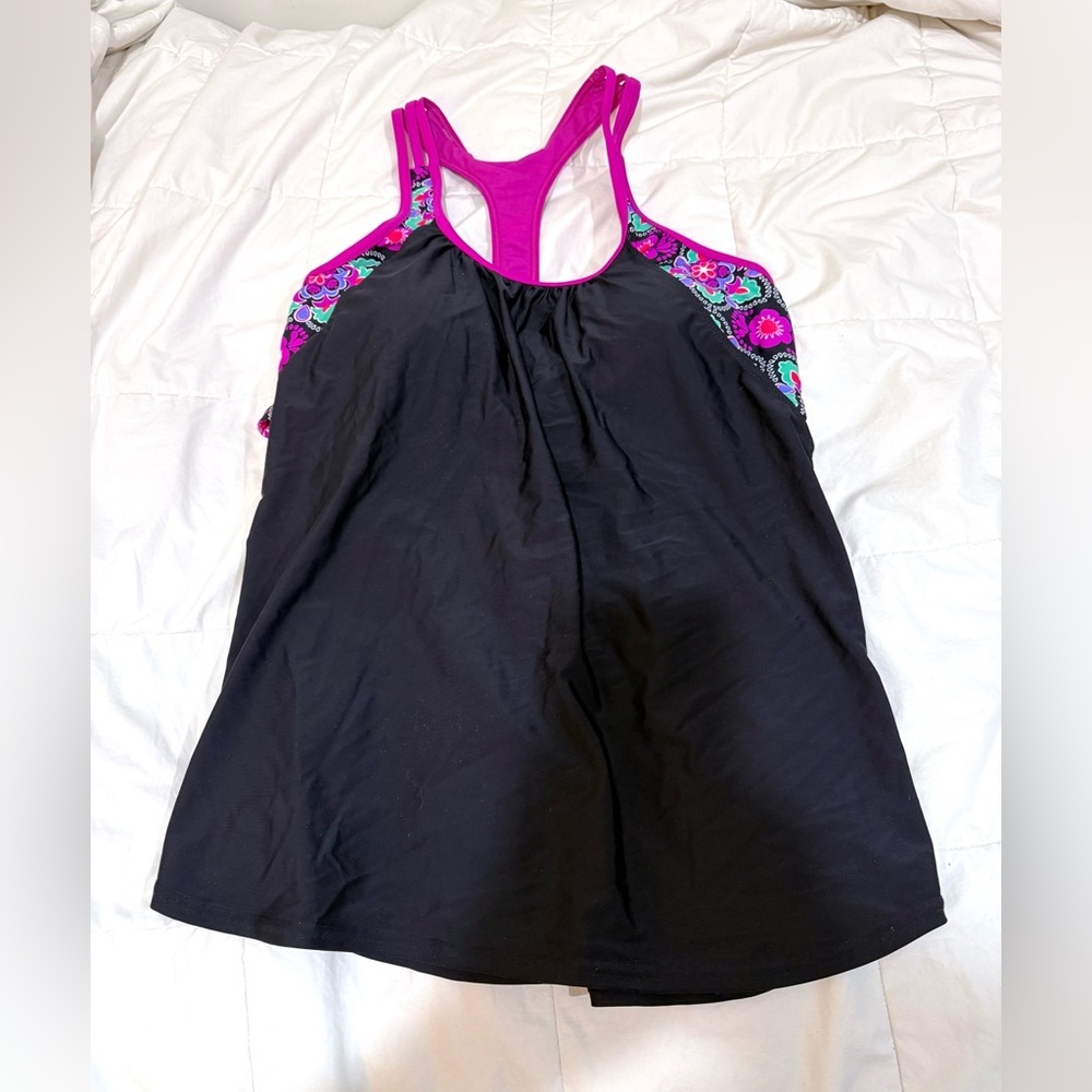 Black Strappy T-Back Tankini Swim Top with Floral Trim